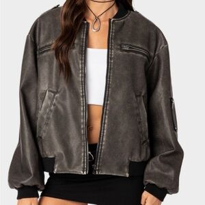 Edikted Women's Vava Grey Washed Faux Leather Bomber, size XS